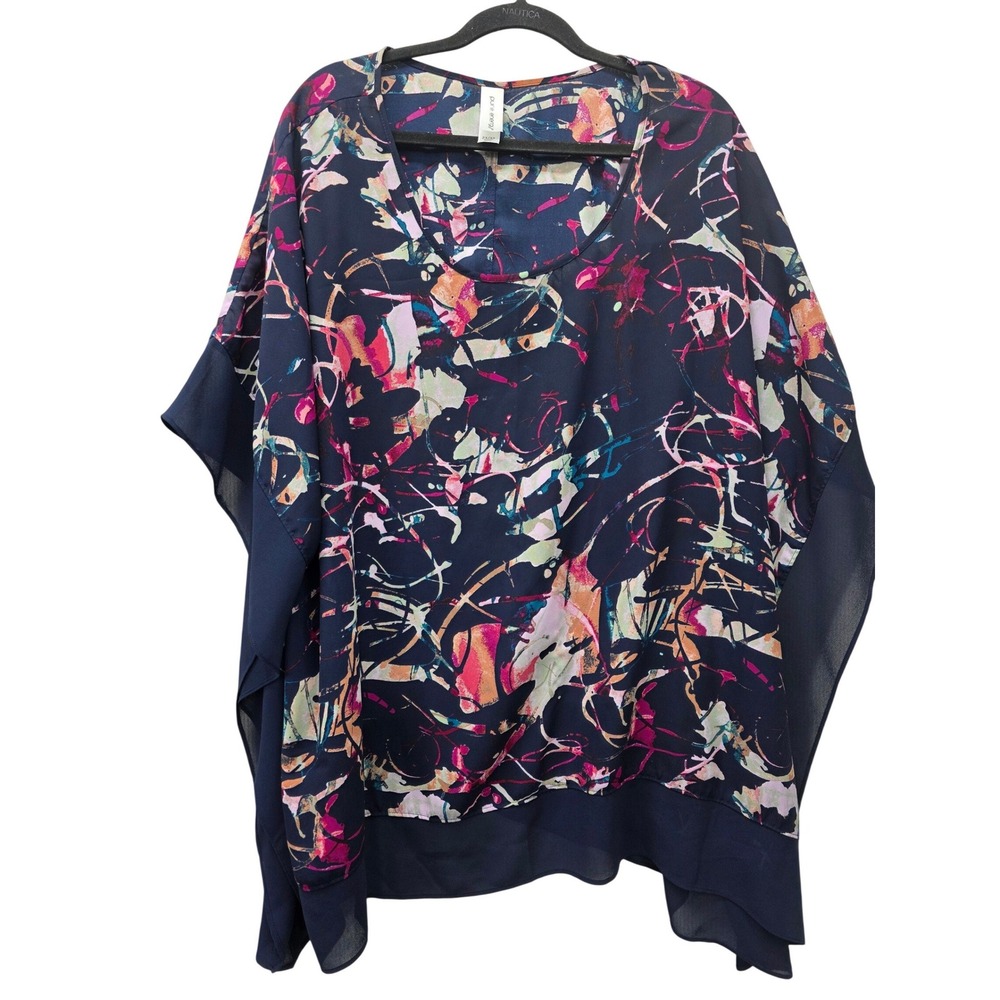 Pure Energy Womens Plus Sz 2X 3X Abstract Print Poncho Blouse Navy Blue Chiffon